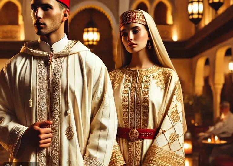 A couple in embroidered traditional dress standing in a warmly lit hall